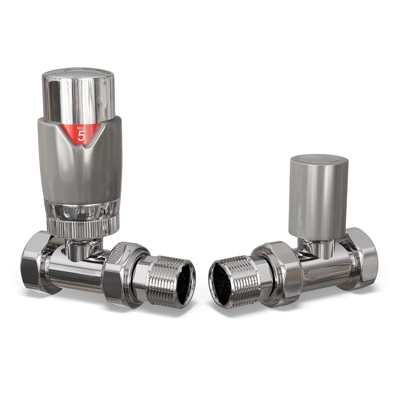 UK Radiators Silver Thermostatic Radiator Valve and Straight Lockshield Valve - Gloss Silver Finish - Classy and Modern Design 1/2" x 15mm Straight Radiator Valve
