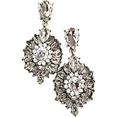 Large Antique Gold Tone Art Deco Retro Gatsby Vintage Style Bridal Wedding Formal Rhinestone Earrings