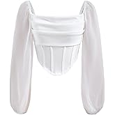 winkbay Women's Mesh Crop Top Vintage Ruched Lantern Sleeve Scoop Neck Boned Blouse Going Out Outfits