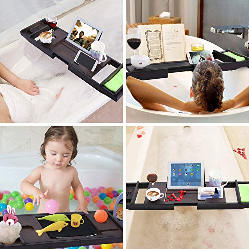 Modrine Expandable Bamboo Bathtub Caddy - Adjustable Wooden Serving Tray and Organizer for Any Size Bathtub - Phone and Tablet Compartments -Wine holder bathtub tray Brown - Thumbnail 3