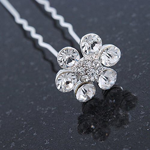 Avalaya Bridal/Wedding/Prom/Party Set of 6 Clear Austrian Crystal Daisy Flower Hair Pins in Silver Tone - Image 5