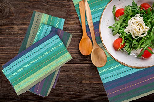 12 Pack Salsa Stripes Dinner Napkins, Soft & Comfortable Cotton Napkins Multi Color Luxurious Salsa Napkins - Tailored With Mitered Corners And A Generous Hem Easy care - Teal Multi - 18x18 Inch