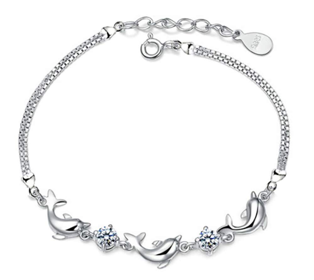 Mixiu Euro Women Girls Bracelets, 925 Sterling Silver CZ Cubic Zirconia Amethyst Dolphin Love Bracelets Jewellery Gift For Girls (White)
