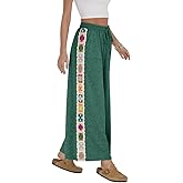 Fenclushy Womens Wide Leg Pants Stretch Casual Drawstring Waist Loose Lounge Sweatpants Crochet Panel Pant with Pocket