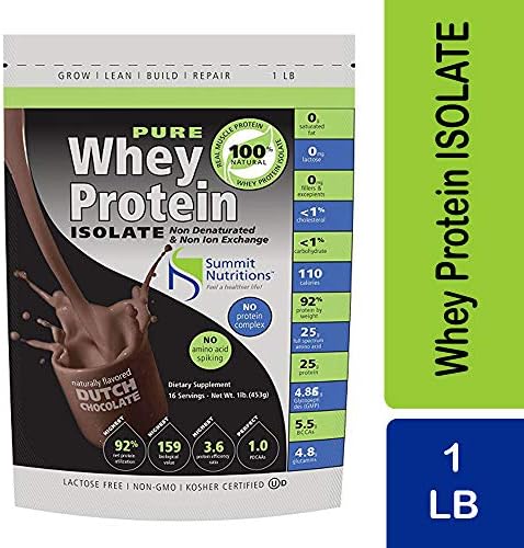 Non-GMO Pure Whey Protein Isolate: 1 lb - Dutch Chocolate - Instanized to Easy Mixing: Lactose Free: Kosher Certified: Naturally Flavored: Sweetened by Stevia: Gluten Free: Highest BCAAs and Glutamines: Zero Fat, Cholesterol, Carbohydrates, Fillers and Binders