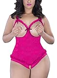 XIMAN Women Plus Size Open Cup Crotchless Teddy Sexy Lingerie (USXXXXL=Tag XXXXXL, Rose red)