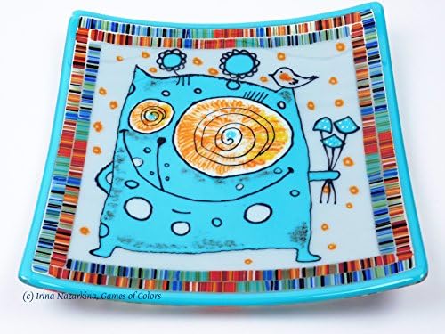 Decorative square fused glass plate "A happy Turquoise Cat with mushrooms"
