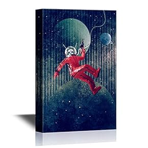 Canvas Wall Art - Space Man,Astronaut in Red Suit Holding a Gun Against The Planet Earth Background - Gallery Wrap Modern Home Art | Ready to Hang - 12x18 inches