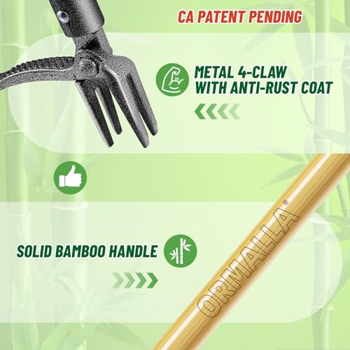 ORMALLA Weed Puller, 43.7in Long Handle Weed Remover, Dandelion Removal Tool, Natural Bamboo Handle and 4 Claws, Stand Up Garden Weed Root Remover, Pet Friendly (43.7in)