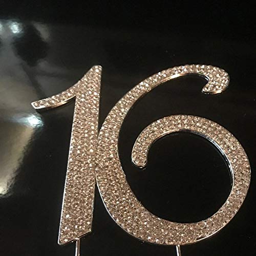 Sweet 16 Silver Birthday Cake Topper | Premium Crystal Rhinestone Diamond Bling Gems | Monogram Number Sixteen | 16th Birthday Party Decoration Ideas | Perfect Keepsake (16 Silver)