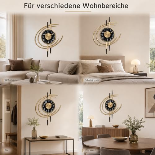 LANMOU Wall Clock Large Modern 54 cm Wall Clock Living Room Clock Wall without Ticking Noises Wall Clocks Gold Black Silent Design Metal Living Room Clock Decorative