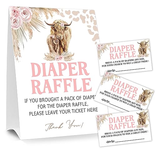 Diaper Raffle Tickets for Baby Shower Game, 1 Standing Sign & 50 Guessing Cards for Baby Shower Party Decoration, Holy Cow, Boho Pink Highland Cow