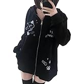 Pooyikoi Harajuku Hoodie Womens Lightweight Black Gothic Y2k Graphic Hoodie Thin Trendy Cute Preppy Zip Up Hoodies for Women