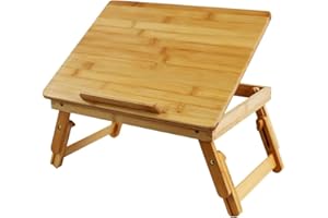 WKWKER Bamboo Laptop Desk with Folding Legs Tilting Surface Workstation Table Adjustable Laptop Stand Bed Tray for tv Sofa Study Computer Ipad Book (Natural)