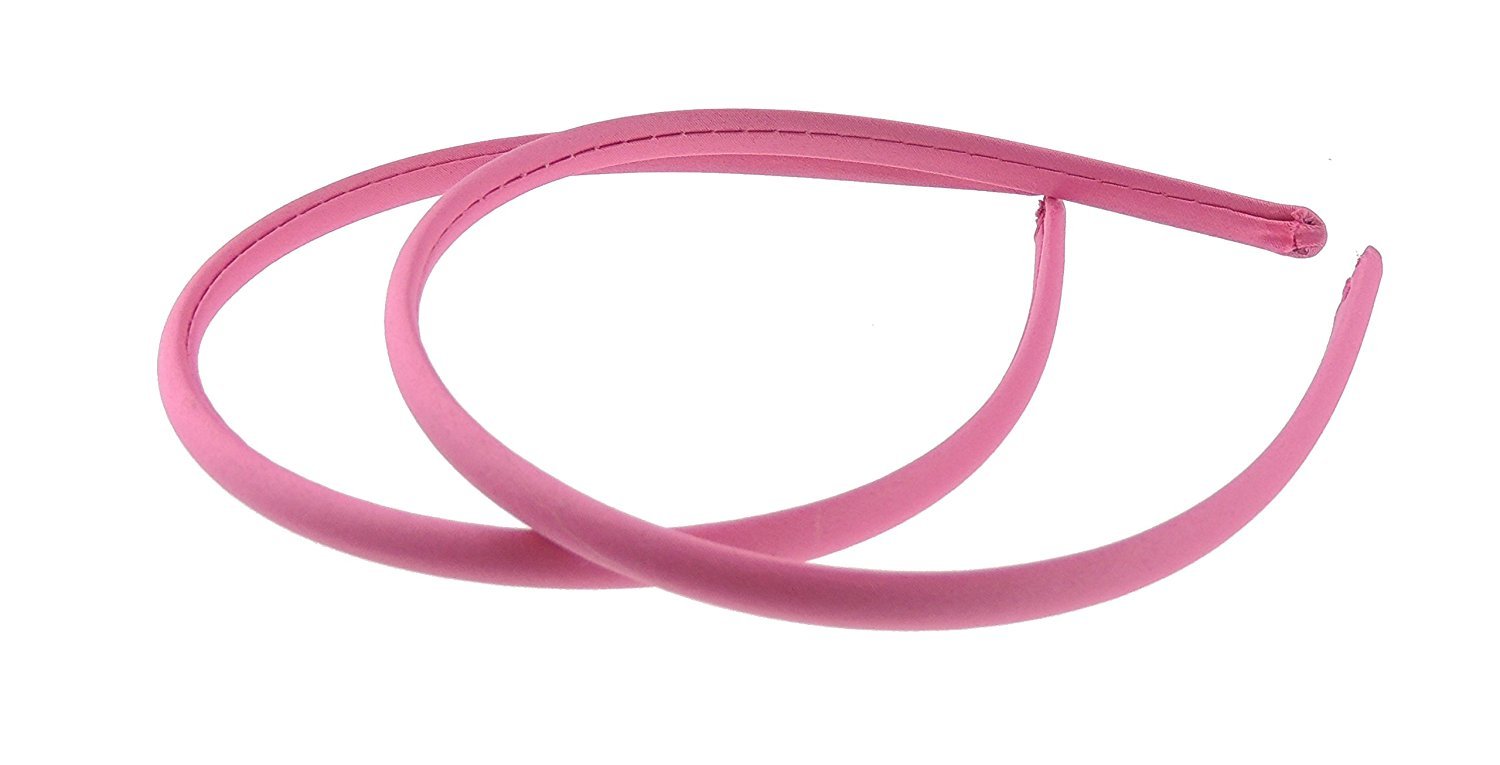 Pair of 2 Slim Thin 1cm Satin Covered Teens Girls Bridesmaid Basic Party Satin Plain DIY Alice Headband Hairband Head Hair Band Kids School Uniform (Hot Pink, One Size)