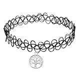 Longil Women Vintage Black Gothic Stretch Elastic Double Line Henna Tattoo Choker Collar Necklace with Tree Pendant Hippy Popular for 80s 90s