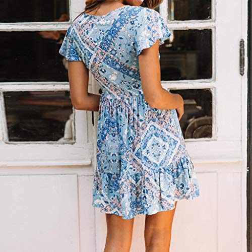Keliay Bargain Womens Casual High Waist Bohemia Print V Neck Button National Style Midi Dress Blue