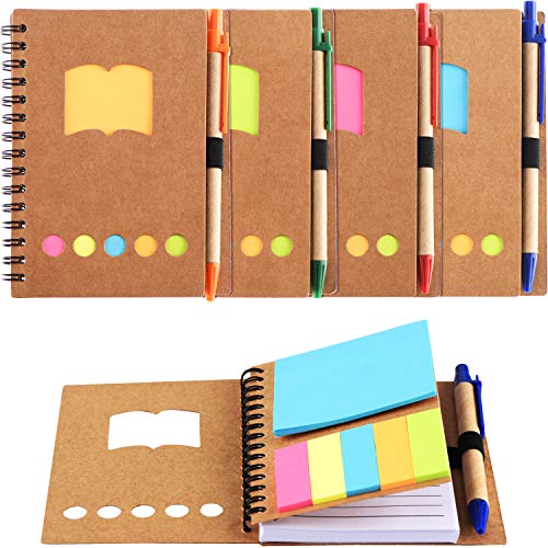 Blulu 4 Pieces Spiral Notebook 280 Sheets Lined Notepad with Sticky Notepads, Page Marker Colored Index Tabs Flags and Pen in Holder (Set 4)