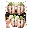 LIVEHITOP Moscow Mule Koperen Mok Set van 4 PCS, 18 Oz Koperen Beker met 4 Onderzetters, 4 Rietjes, Jigger…