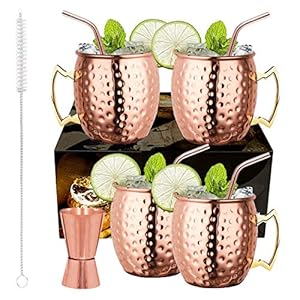 LIVEHITOP Moscow Mule Koperen Mok Set van 4 PCS, 18 Oz Koperen Beker met 4 Onderzetters, 4 Rietjes, Jigger…
