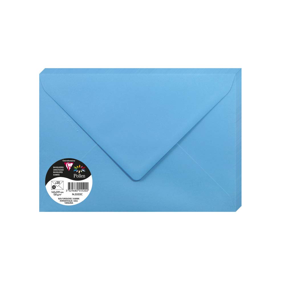 Clairefontaine 5552C Pack of 20 Gummed Envelopes C5 16,2x22,9cm 120gsm Colour Intensive Blue Invitation Events Correspondence Pollen Range Premium Smooth Paper