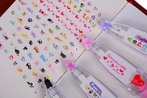 Welecom 4 Pack Decoration Correction Tapes Set Cartoon Animal Cats Dogs Heart Shape Novelty Correction Pen Machine Decoration Sticker for Scrapbooking, Diary, Planner, Journal DIY Crafts