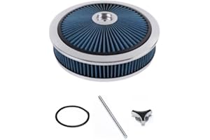 14" X 3" Blue Round High Flow Washable Air Cleaner Filter Assembly w/Chrome Flow-Thru Lid for Caburetor Lid Compatible with F