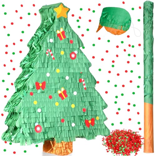 Qeeenar Christmas Tree Pinata 16 Inch Christmas Pinata with Stick Blindfold and Confetti Pack Christmas Mexican Pinata Bundle for Boys Girls Birthday Xmas Holiday Pinata Game, As Shown in Picture