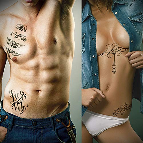 Temporary Tattoos Body Art Stickers - 100 Unique Black Fashion Various Designs Words Qoutes Marks Temp Tats Fake Waterproof Removable Stickers Party Vacation Tatts Flowers Skull Symbol 9 Sheets
