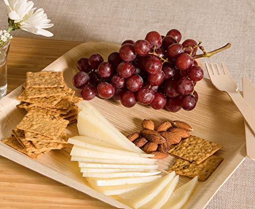 Party Pack of 150 Eco-Friendly Dinnerware - 50 Disposable 8" Square Palm Leaf Plates, 50 Wood Forks, 50 Wood Knives