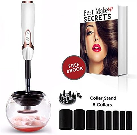 Makeup Brush Spinning Cleaner Kit (white) - Spin Cleaning will Deep Clean and Dry Brushes in seconds! 8 Rubber Collars for All Sizes - Spinner Kills Bacteria and Prevents Breakouts!