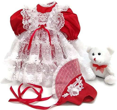 24" Designer Doll Dress Bundle (5 pc) Red Dress, Lace Pinafore, Bonnet, Panties, Plush Puppy