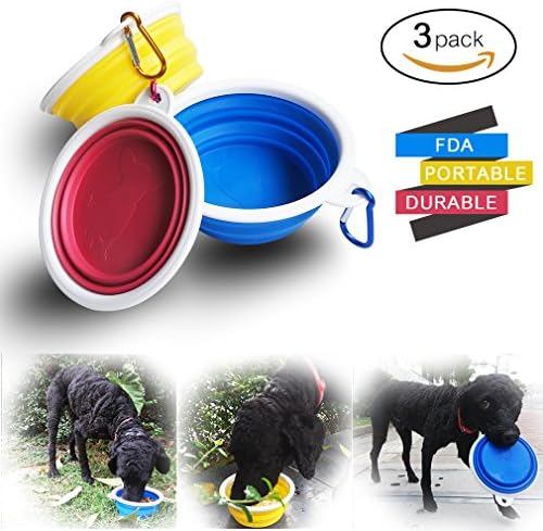 Collapsible Dog Bowls Portable Food Grade Silicone Travel Dish for Feed &amp; Water on Journeys Hiking Kennels &amp; Camping with Free Carabiner Set of 3 by VNthings