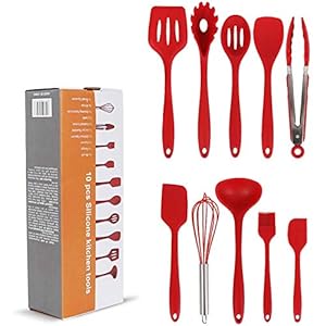 Newox Silicone Utensil Set 10 Piece Kitchen Gadgets Cooking Cookware BBQ Tools (Red)