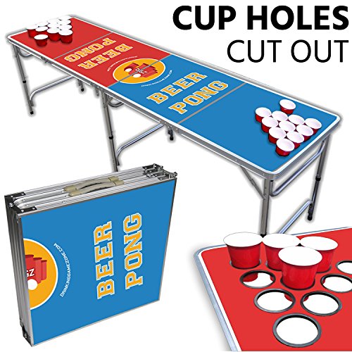 Beer Pong Table With Cup Holes – 8 Foot Easy Fold up w/ Adjustable Height – Professional Red, Blue Design – Perfect for Tailgates, BP Parties, Flip Cup, University Pregames By Drinking Game Zone - Thumbnail 7