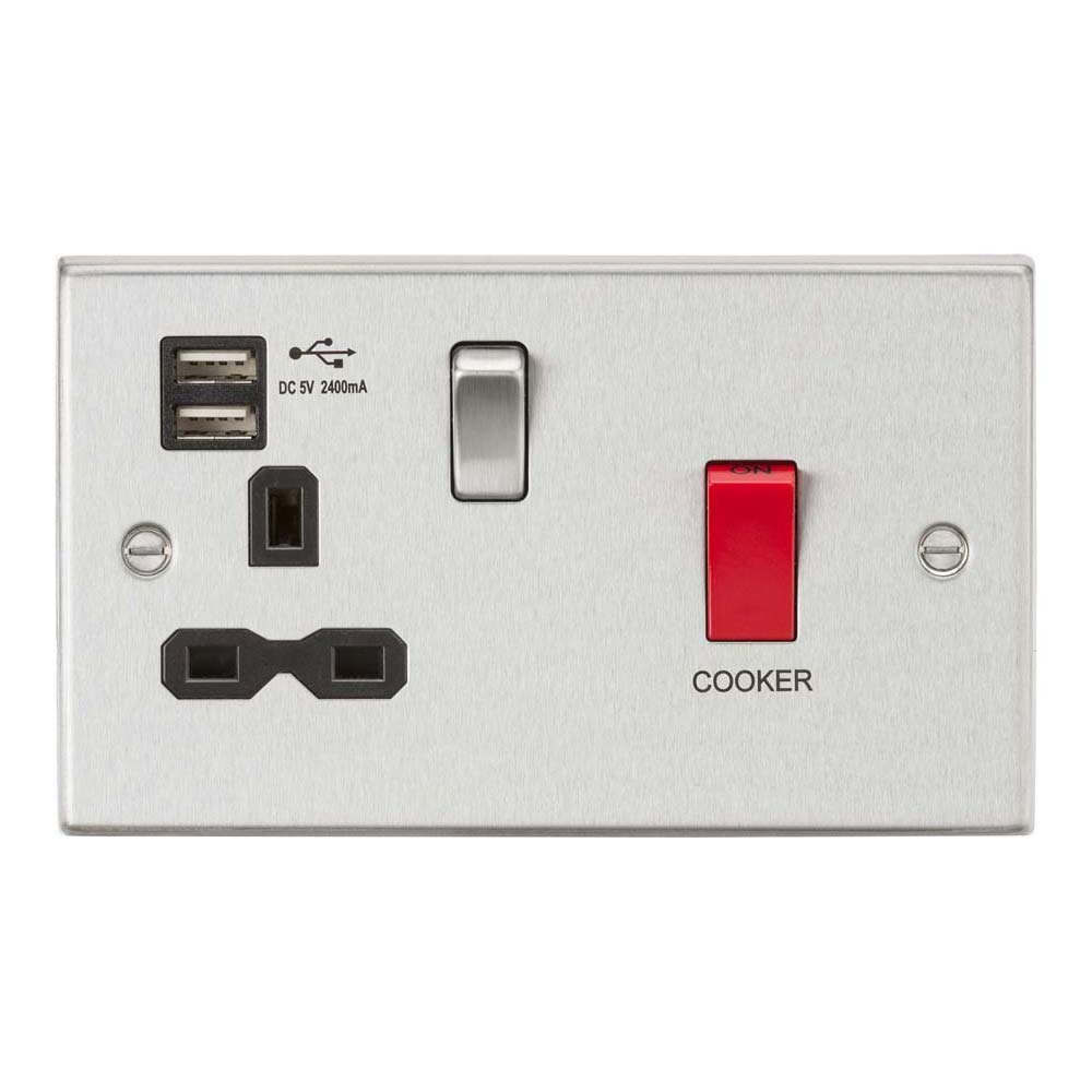Knightsbridge CS8333UBC DP Switch & Switched Socket with 2.4 A Dual USB Charger, Brushed Chrome with Black Insert, 45 A/13 A