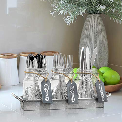 Flatware Caddy Organizer Cutlery Holder - 3 Glass Mason Jars in Galvanized Tray with Handles & Chalk-Tags | Utensil Farmhouse Silverware Caddy For Table | Ideal For Kitchen Countertop, Party, Dining,