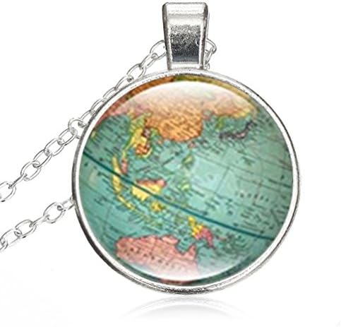 SunShine Day Silver Necklace,Women/Mens Chain Necklace with Pendant Vintage World Globe Planet Earth World Map Round Dome Deasign Chain Necklace Set