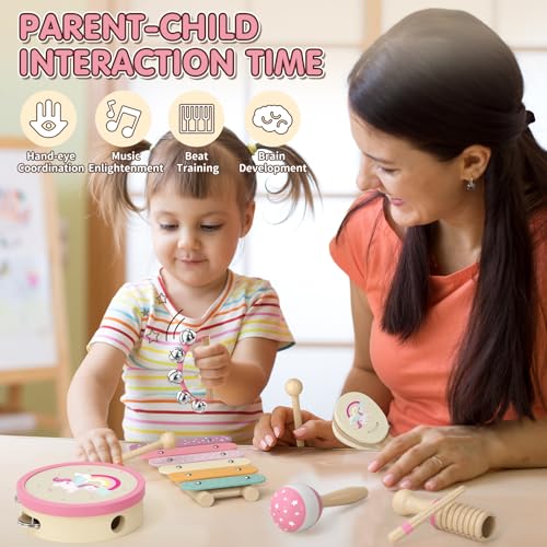 Lehoo Castle Musical Instruments for Children from 1 Year, Girls Montessori Toy Gift 2 3 Years, Children's Wooden Instruments Music Set with Xylophone & Drum