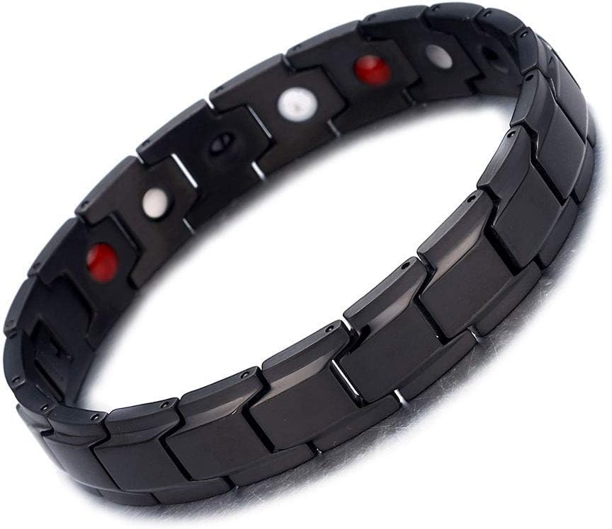 Rando Magnetic Therapy Health Bracelets Titanium Stainless Steel Gold Black Plated Clasp Positive Energy Power Elements Germanium Hematite Arthritis Pain Relief Bangles (Black)