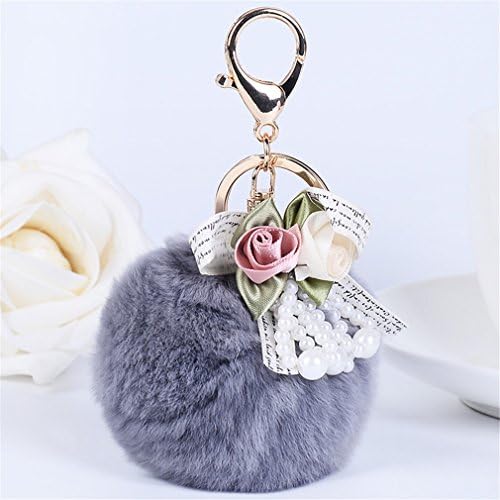 MOONER Super Cute Bunny Fur Ball Keychain Flowers Cluster Fluffy Fur Bag Charms Handbag Pendant Purse Ornament Gray