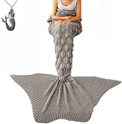 CZL Christmas Gift Knitted Mermaid Tail Blankets for Adults Teens Sleeping Bags Crochet Blanket Super Soft Sleeping Blankets (71"x32", Grey)
