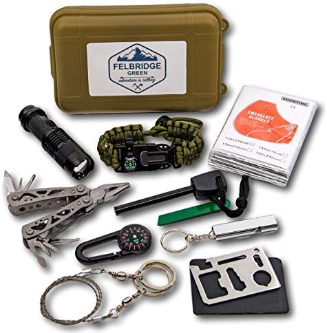Felbridge Green Outdoor Emergency Survival Kit with Multi-tools | Equipment for Camping Hiking DOFE Fishing or Bushcraft | Survival Gear for your Adventures in the Wilderness