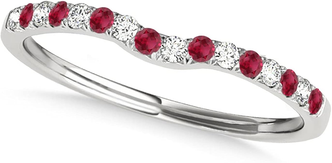 Diamond and Ruby Curved Prong Wedding Band 14k White Gold (0.11ct