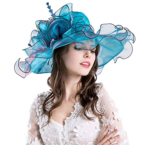 Obosoyo Women Foldable Organza Church Derby Hat Ruffles Wide Brim Summer Beach Sea Sun Hats Blue - Thumbnail 7