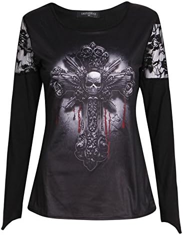 2017 Women Skull Printed T-Shirts Lace Patchwork O Neck T Shirt Harajuku Top Tee