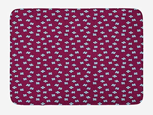 Retro Modern Bath Mat, Four Petal Flowers with Orange Pollens on The Spotted Background, Plush Bathroom Decor Mat with Non Slip Backing, 23.6 W X 15.7 W Inches, Maroon and Baby Blue