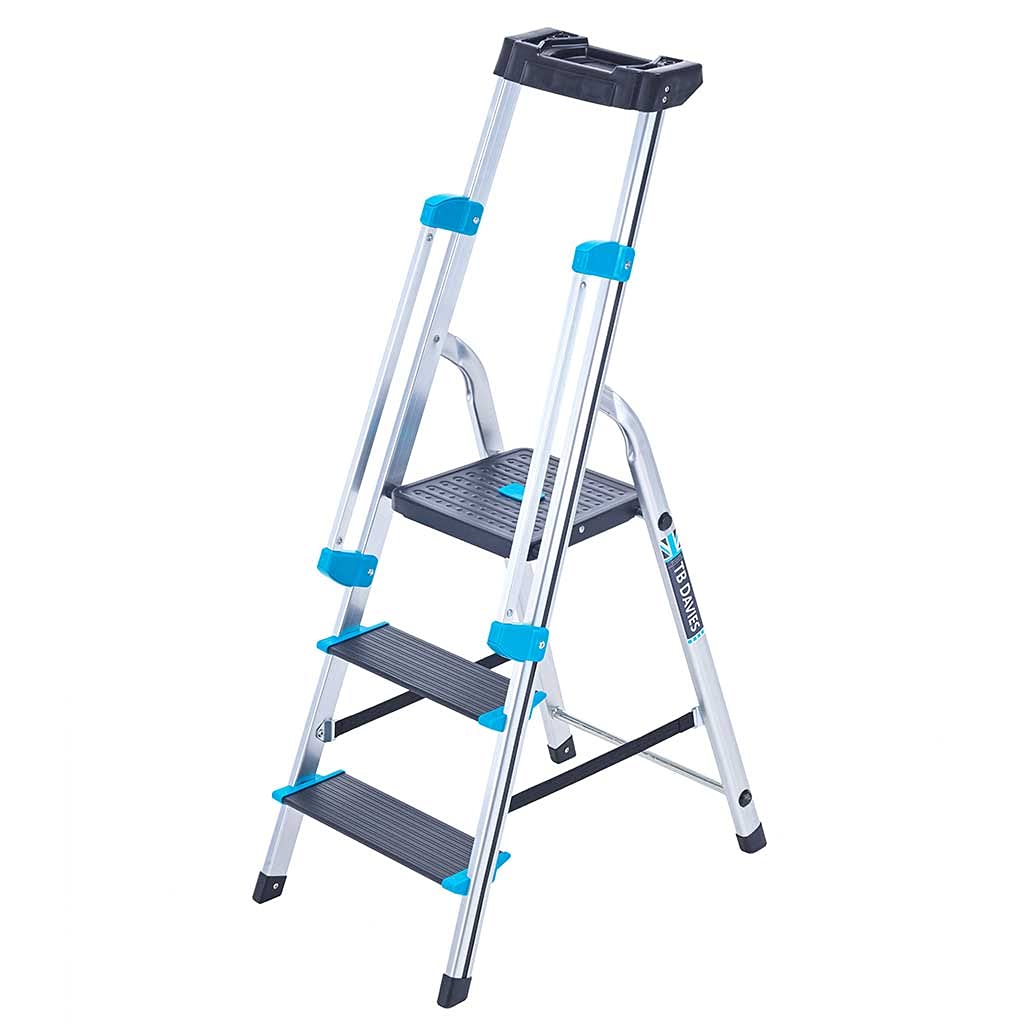 TB Davies 1203-003 Trade Professional 3-Tread Aluminium Step Ladders - Fitted with Twin Safety Handrails. EN131 Tool tray holds tools