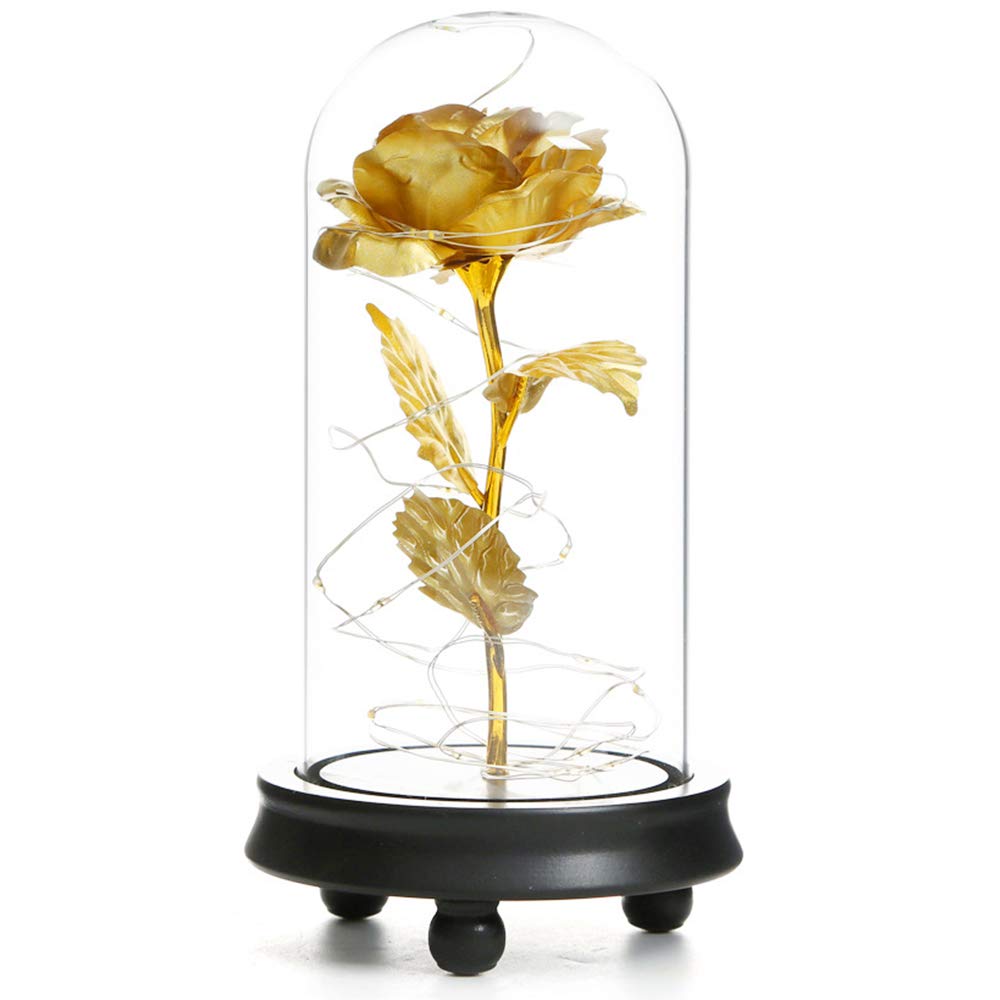 Valentine's Day Glass Rose Light Gold Leaf Glass Lampshade Led Sparkly Rose Light for Wedding Decoratio Get Together DIY Gifts (Golden)
