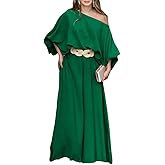 CHICME Women Summer 2 Piece Outfits Off Shoulder Lantern Sleeve Top Flowy Wide Leg Pants Set